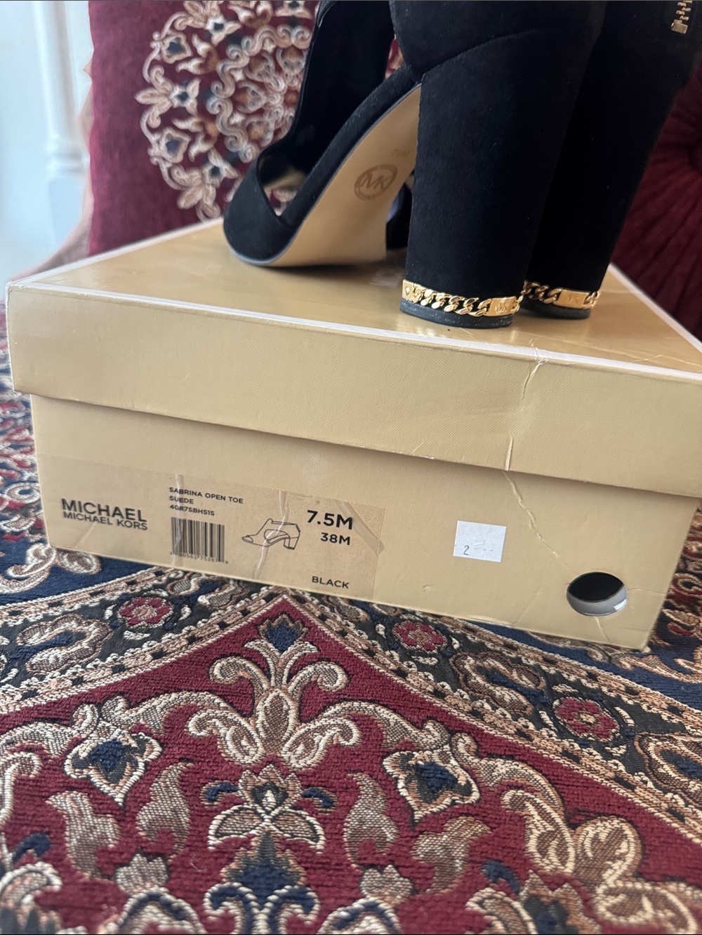 MICHAEL Michael Kors Black Suede Block Heel Sandals with Gold Chain Accent